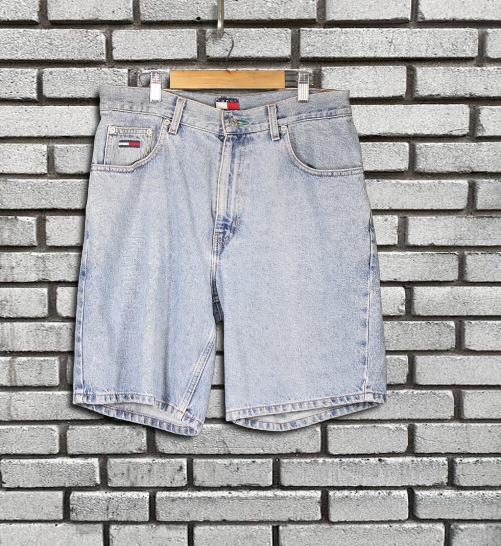 Vintage Tommy Jeans Light Wash Denim Logo Jorts Mens Size 34 90s Streetwear